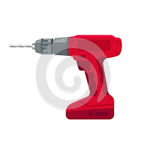 Electric drill stand-alone on the battery and bit repair elements, construction hand tool on a white background.