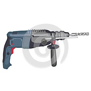 Electric drill with steel drill bit isolated on white background. Vector cartoon close-up illustration.