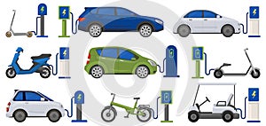 Electric eco friendly transport powered with charging station. Renewable energy car, scooter, bicycle at charge station