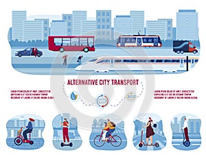 Electric eco transport, alternative city transportation set of vector illustrations. Modern bike, electric car with