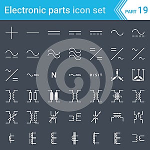 Electric and electronic icons, electric diagram symbols. Current, three-phase connections and electrical transformers. photo