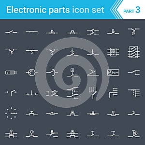 Electric and electronic icons, electric diagram symbols. Switches, pushbuttons and circuit switches.