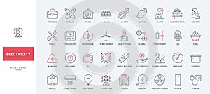 Electric energy and supply, household appliances thin black and red line icons set