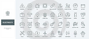 Electric energy and supply, household appliances thin black and red line icons set