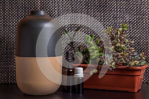 Electric Essential oils Aroma diffuser, oil bottles and flowers on wooden table, space for text