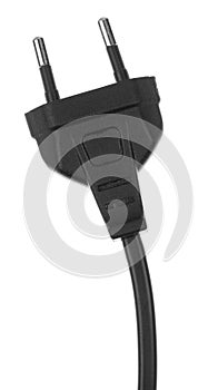 Electric European plug isolated on white background. Black power cable with plug. Power cord close-up