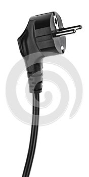 Electric European plug isolated on white background. Black power cable with plug. Power cord close-up