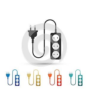 Electric extension cord icon isolated on white background. Power plug socket. Set elements in colored icons. Flat design