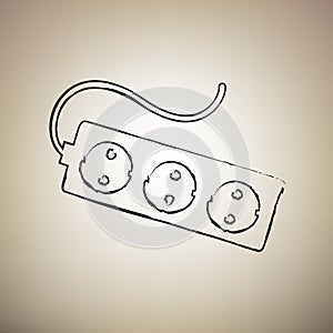 Electric extension plug sign. Vector. Brush drawed black icon at
