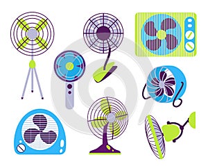 Electric fans. Air circulation climate equipment. Different types of cooling appliances for home, office or shop