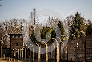 Electric fence in former Nazi concentration camp Auschwitz I, Poland