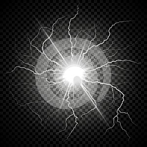 Electric flash of lightning on a dark transparent background. Vector