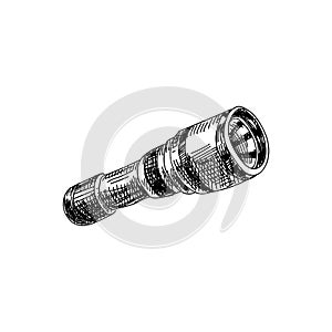 Electric flashlight for hiking, hand drawn black and white vector illustration.