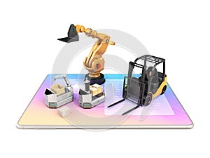 Electric forklift, AGV and industrial robot on tablet PC