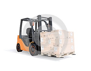 Electric forklift carrying cardboard boxes on pallet