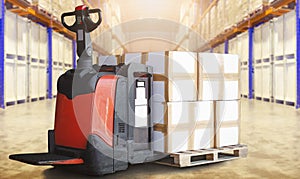 Electric Forklift Pallet Jack with Package Boxes on Pallet in Storage Warehouse. Cargo Shipment Storehouse, Shipping Warehouse
