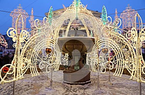 Electric fountain at night, lighted during christmas near the Bolshoi Theatre, Moscow, Russia