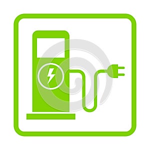 Green eco electric fuel pump icon, Charging point station for hybrid vehicles cars square sign, Vector illustration
