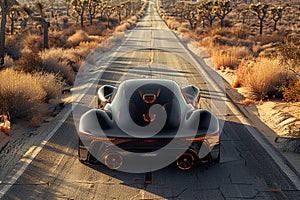 Electric futuristic sports car on desert road at sunrise. High-end design