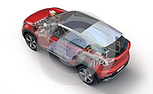 Electric generic car technical cutaway EV system. (Body Generative A.I