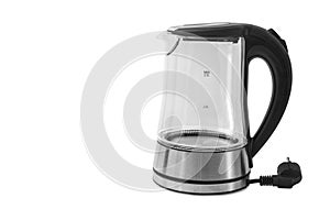 Electric Glass Kettle Isolated on White Background. Glass and Stainless Steel Tea Kettle. Domestic Appliances. Household Appliance