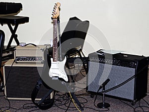 Electric Guitar With Amps And Mic Setup For Performance