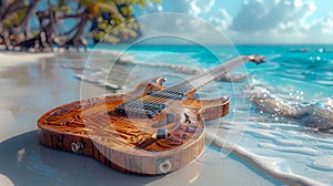 Electric guitar on the beach at sunset. Musical instrument. Music concept