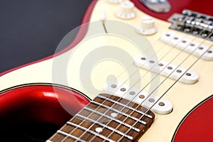 Electric guitar body isolated on black background. Entertainment and music concept.