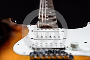 Electric guitar. Close up of music guitar. Stringed electric musical instrument. Musical instrument for rock, blues