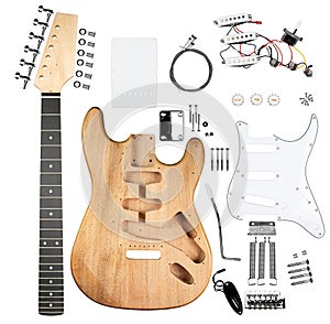 Electric guitar diy building kit with all parts and components wooden body wood neck and electronics single coil pickguard pickup photo