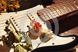 Electric guitar, dried flowers and old sheet music on wooden background closeup