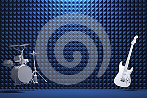 Electric guitar and drum kit flying over blue acoustic foam panel background