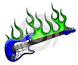 Electric guitar on fire in full color and black flames vector illustration