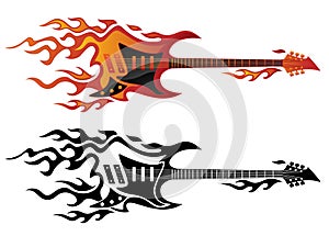 Electric guitar on fire in full color and black flames vector illustration