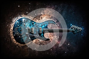 electric guitar, floating in space against starry background