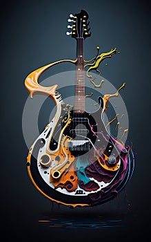Electric Guitar in Fluid Colors and Abstract Music Background with Liquid Color Paints.