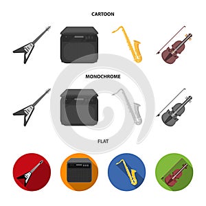 Electric guitar, loudspeaker, saxophone, violin.Music instruments set collection icons in cartoon,flat,monochrome style