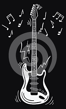 Electric guitar makes a sound. Black and white guitar with notes. Musical instrument. Musical emblem. Isolated stylish