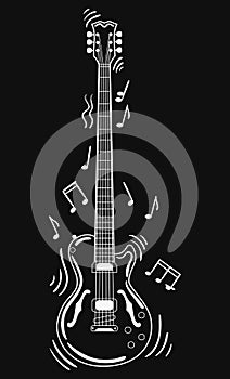 Electric guitar makes a sound. Black and white guitar with notes. Musical instrument. Musical emblem. Isolated stylish