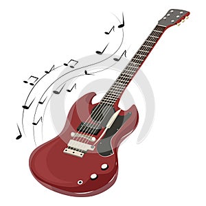 Electric guitar makes a sound. Colored guitar with notes. Musical instrument. Musical emblem. Isolated stylish art