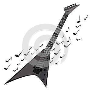 Electric guitar makes a sound. Colored guitar with notes. Musical instrument. Musical emblem. Isolated stylish art