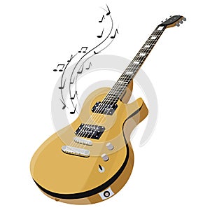 Electric guitar makes a sound. Colored guitar with notes. Musical instrument. Musical emblem. Isolated stylish art
