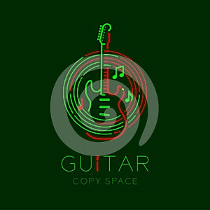 Electric guitar, music note with line staff circle shape logo icon outline stroke set dash line design illustration