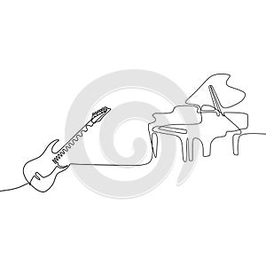 Electric guitar piano one line cartoon illustration of musical instruments orchestra