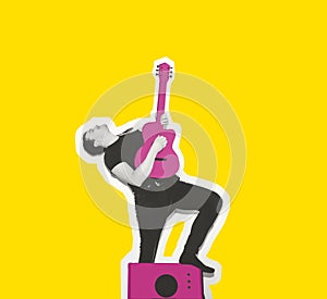 Electric Guitar Playing Teenage Kid with amplifier on White Background