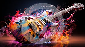Electric guitar with rainbow paint energetic explosion, Generative AI