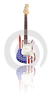 Electric guitar with reflection, U.S. Flag, white background