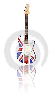 Electric guitar with reflection, Union Jack, white background