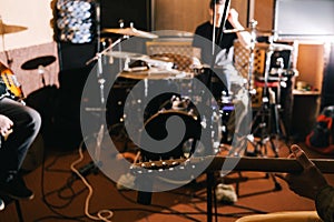 Electric guitar riff closeup. Guitarist in studio