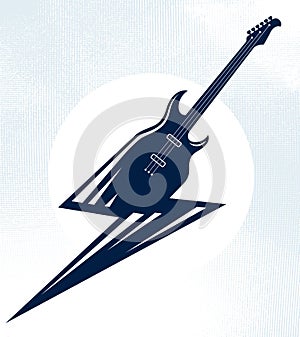 Electric guitar in a shape of lightning, hot rock music, Hard Rock or Rock and Roll concert or festival label, night club live